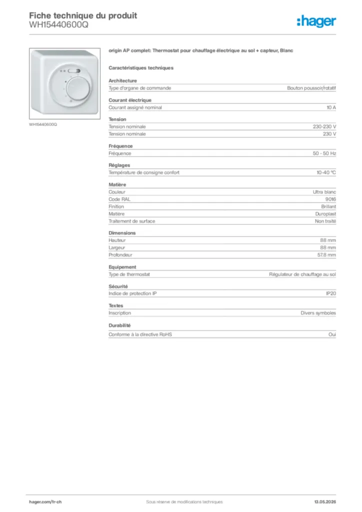 Image Hager Fiche technique du produit WH15440600Q | Hager Suisse