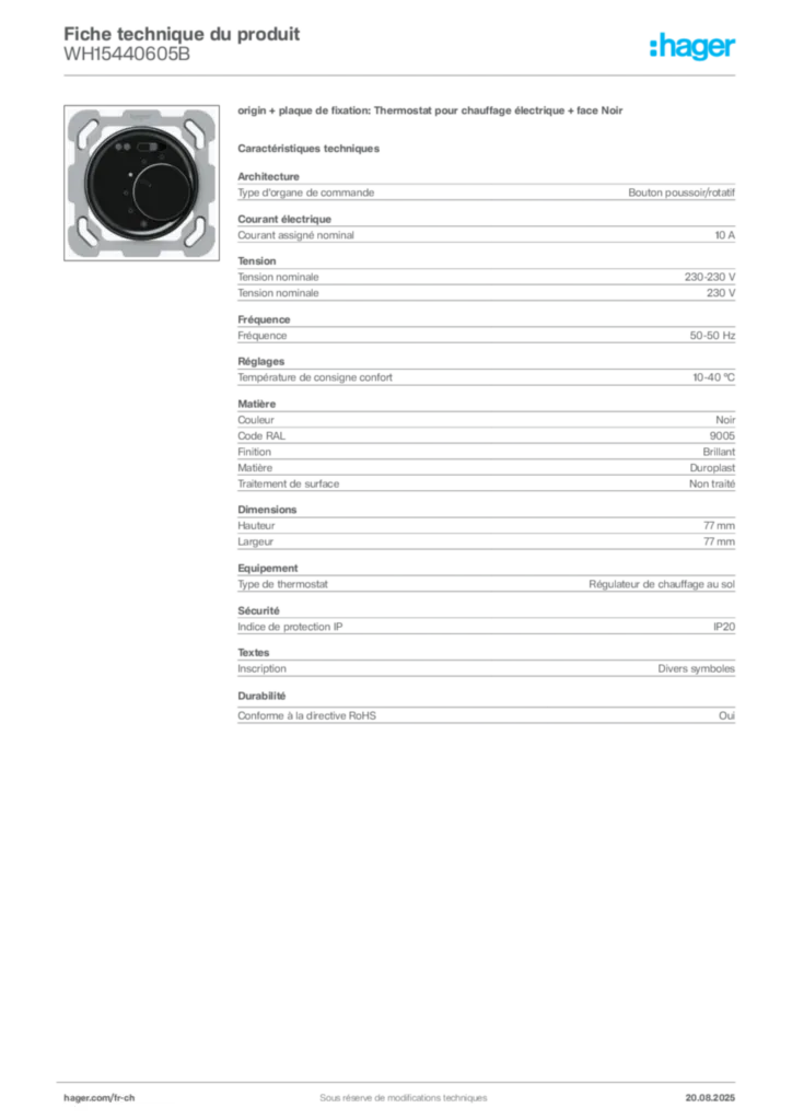 Image Hager Fiche technique du produit WH15440605B | Hager Suisse