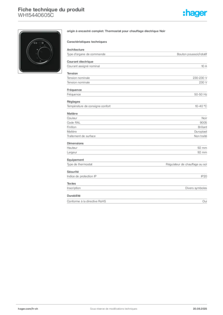 Image Hager Fiche technique du produit WH15440605C | Hager Suisse
