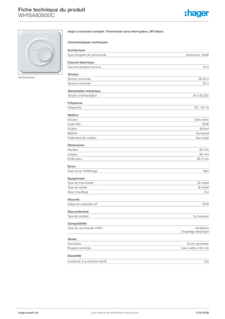 Image Hager Fiche technique du produit WH15440800C | Hager Suisse