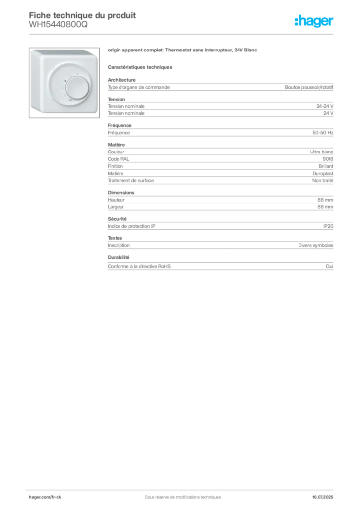 Image Hager Fiche technique du produit WH15440800Q | Hager Suisse