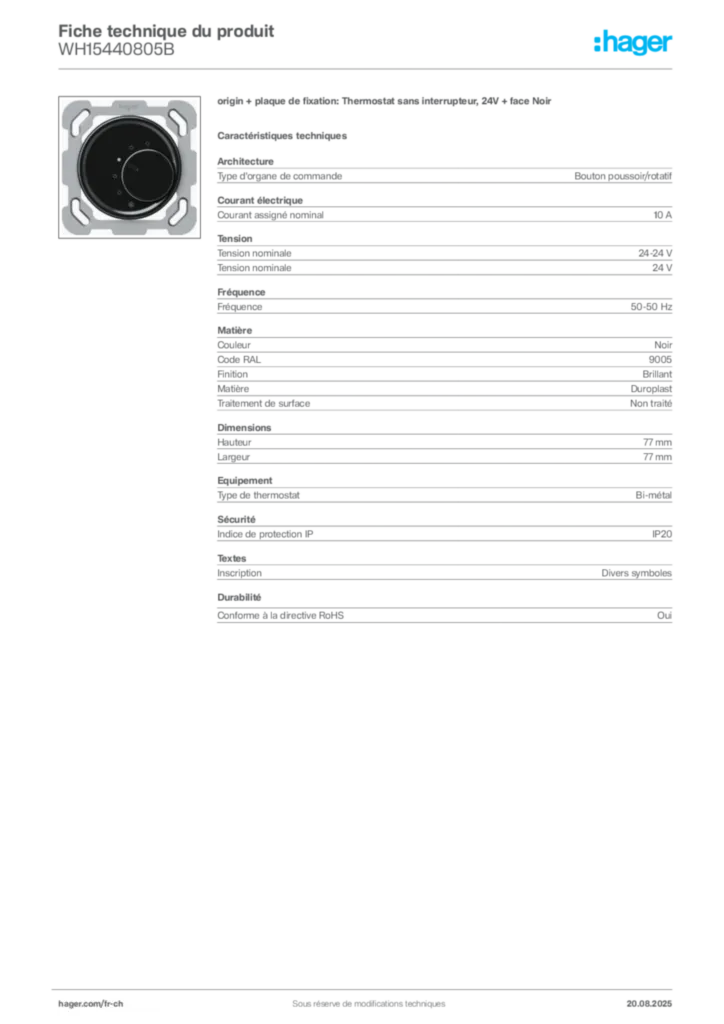 Image Hager Fiche technique du produit WH15440805B | Hager Suisse