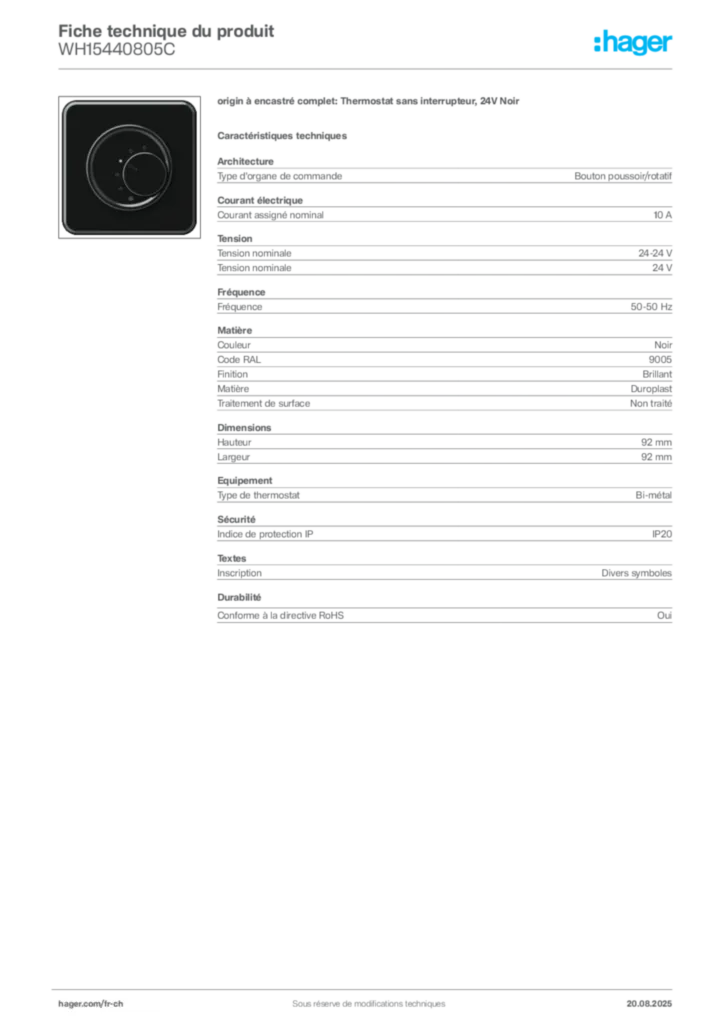Image Hager Fiche technique du produit WH15440805C | Hager Suisse
