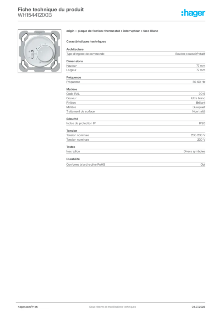 Image Hager Fiche technique du produit WH15441200B | Hager Suisse