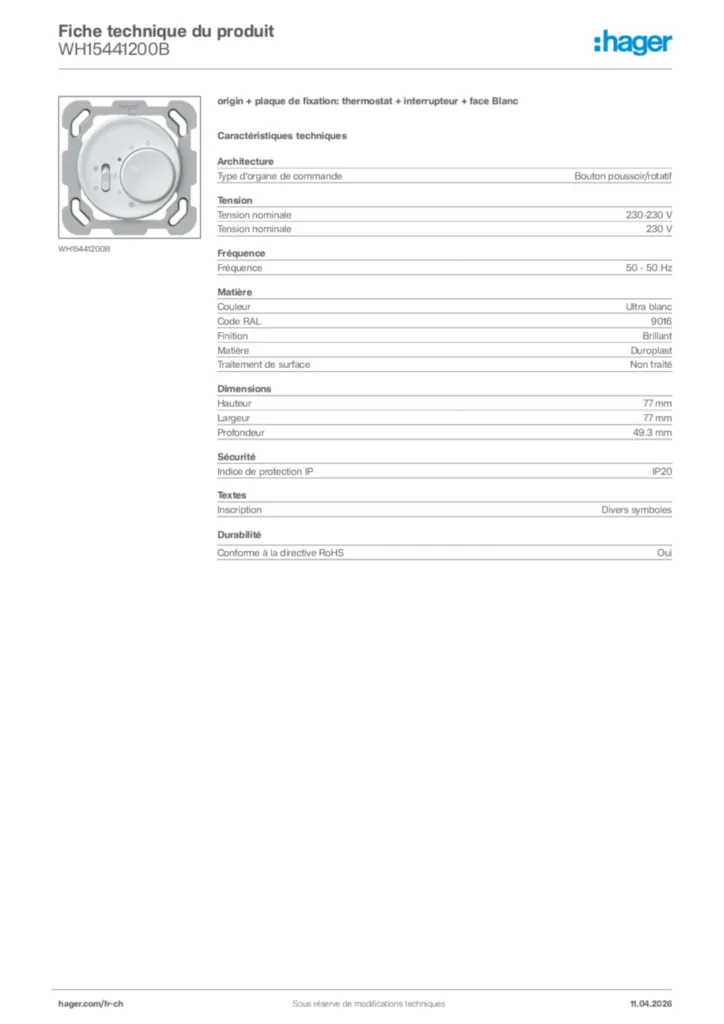 Image Hager Fiche technique du produit WH15441200B | Hager Suisse