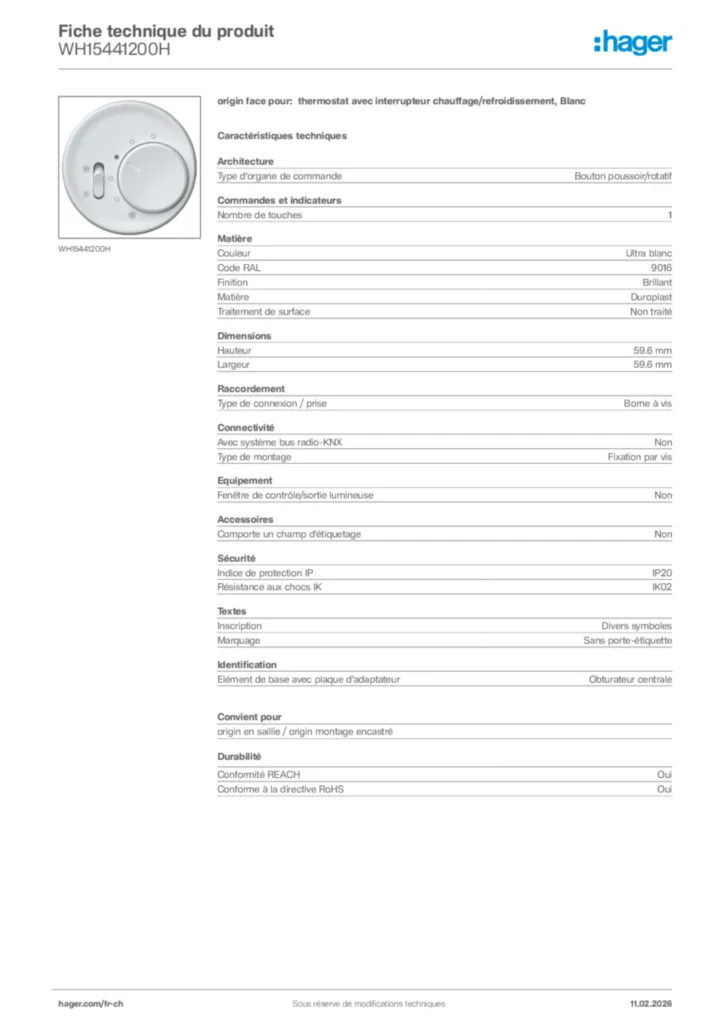 Image Hager Fiche technique du produit WH15441200H | Hager Suisse