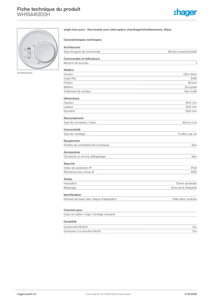 Image Hager Fiche technique du produit WH15441200H | Hager Suisse