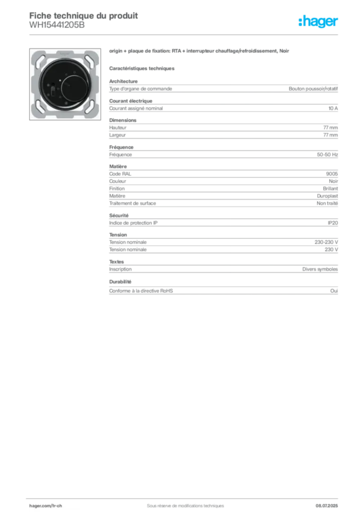 Image Hager Fiche technique du produit WH15441205B | Hager Suisse