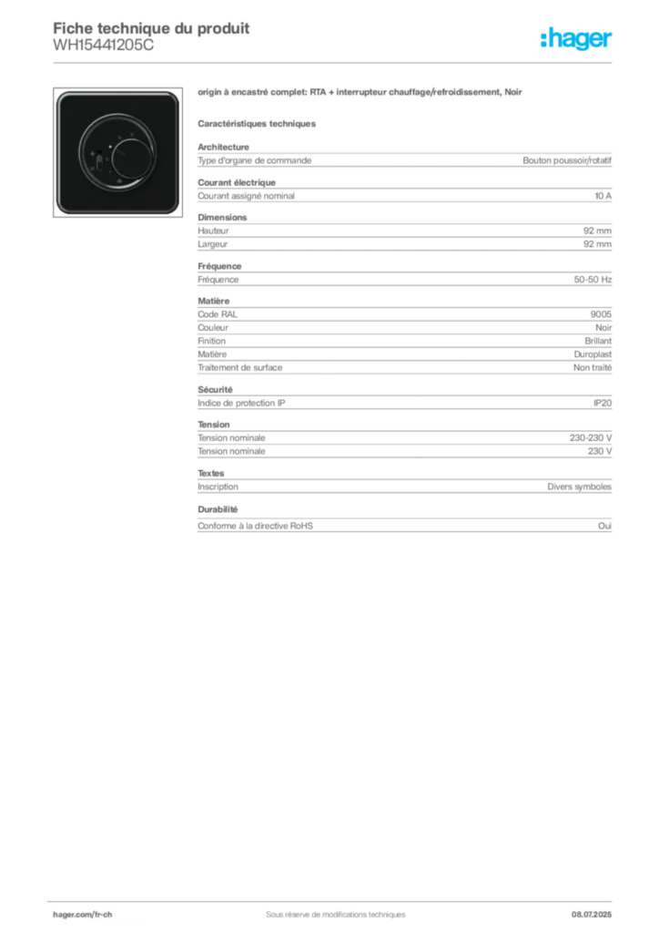 Image Hager Fiche technique du produit WH15441205C | Hager Suisse