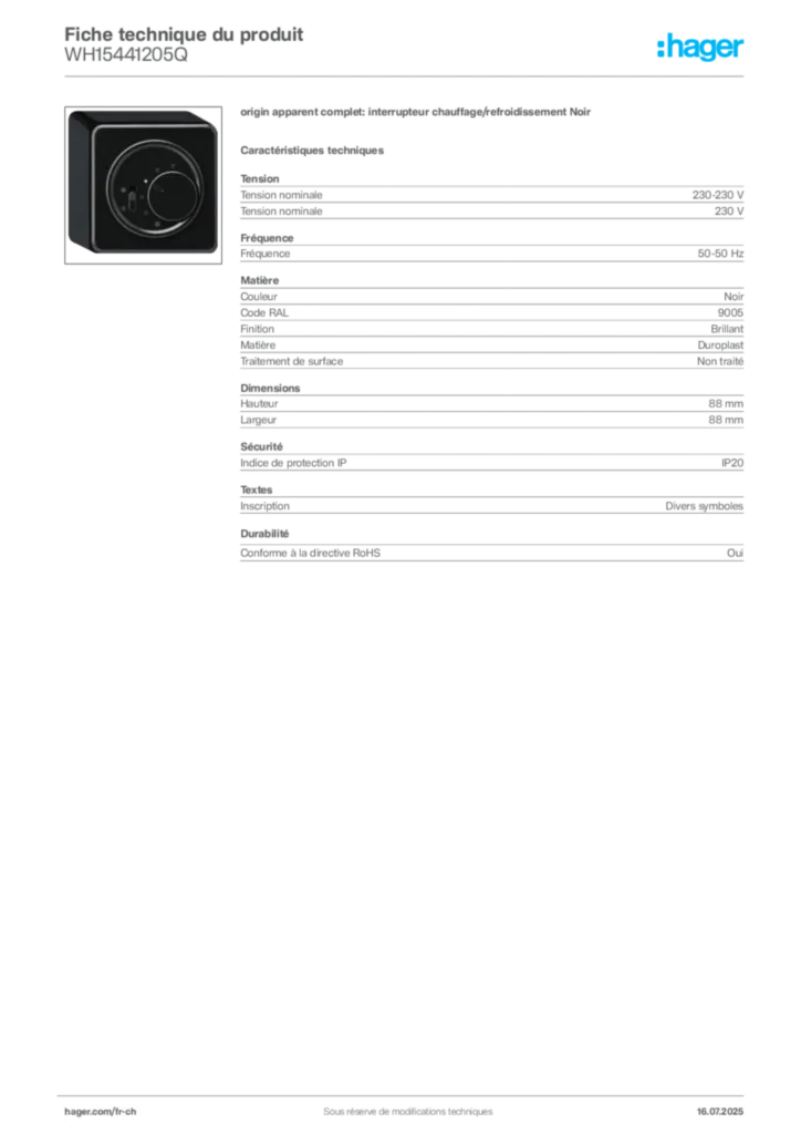 Image Hager Fiche technique du produit WH15441205Q | Hager Suisse