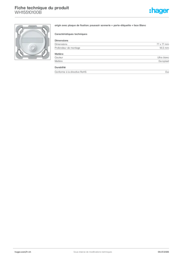 Image Hager Fiche technique du produit WH15510100B | Hager Suisse