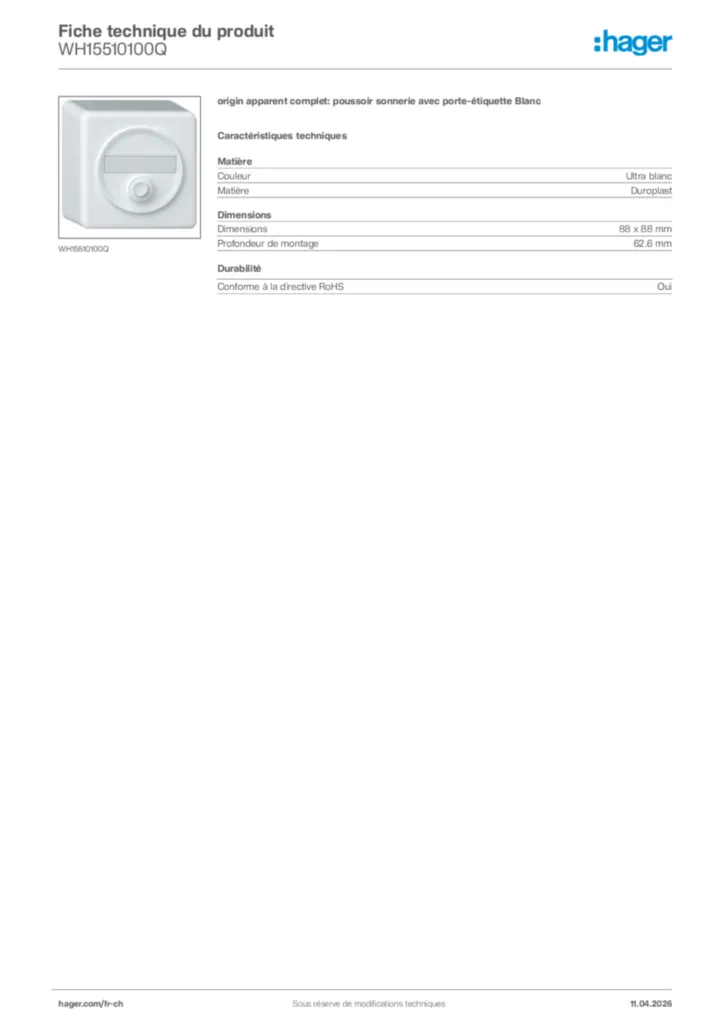 Image Hager Fiche technique du produit WH15510100Q | Hager Suisse