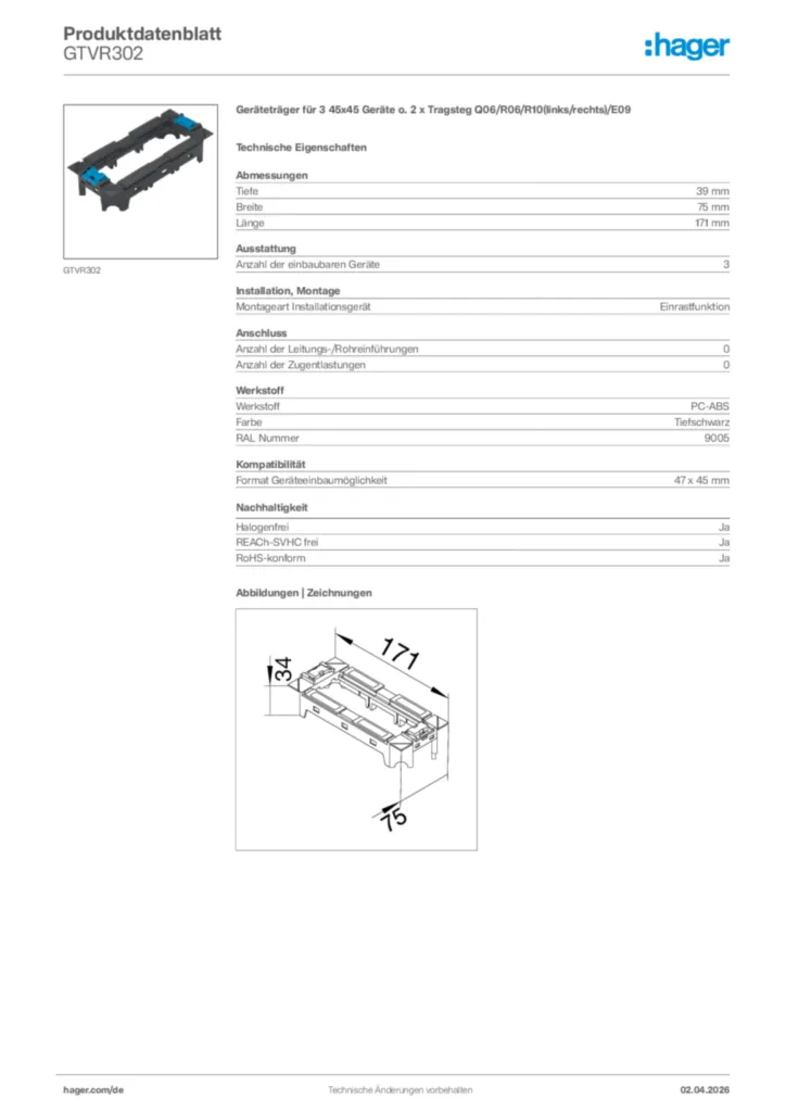 Bild Hager Produktdatenblatt GTVR302 | Hager Deutschland