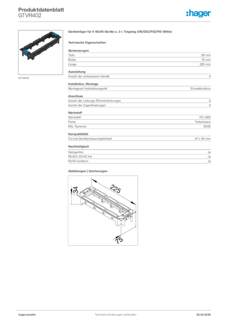 Bild Hager Produktdatenblatt GTVR402 | Hager Deutschland
