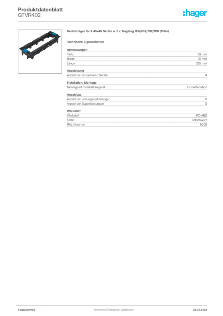 Bild Hager Produktdatenblatt GTVR402 | Hager Deutschland