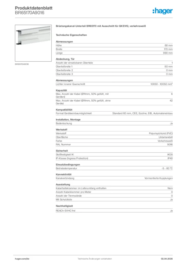 Bild Hager Produktdatenblatt BR65170A9016 | Hager Deutschland