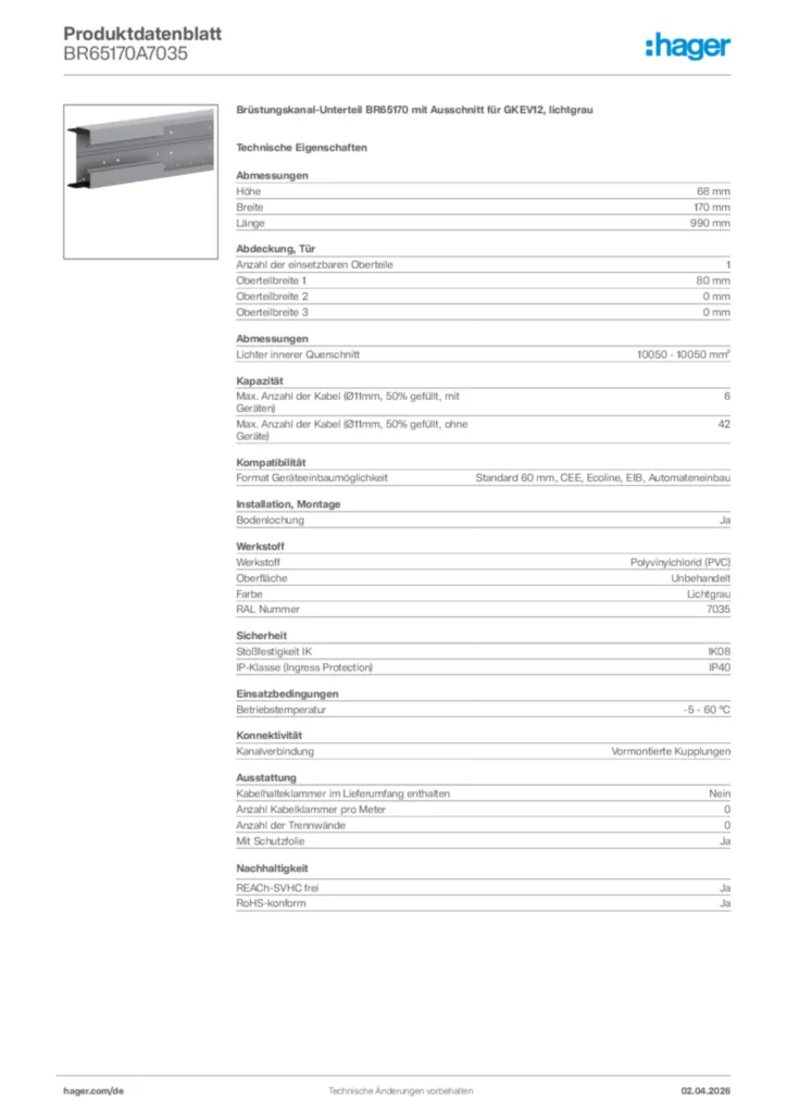 Bild Hager Produktdatenblatt BR65170A7035 | Hager Deutschland