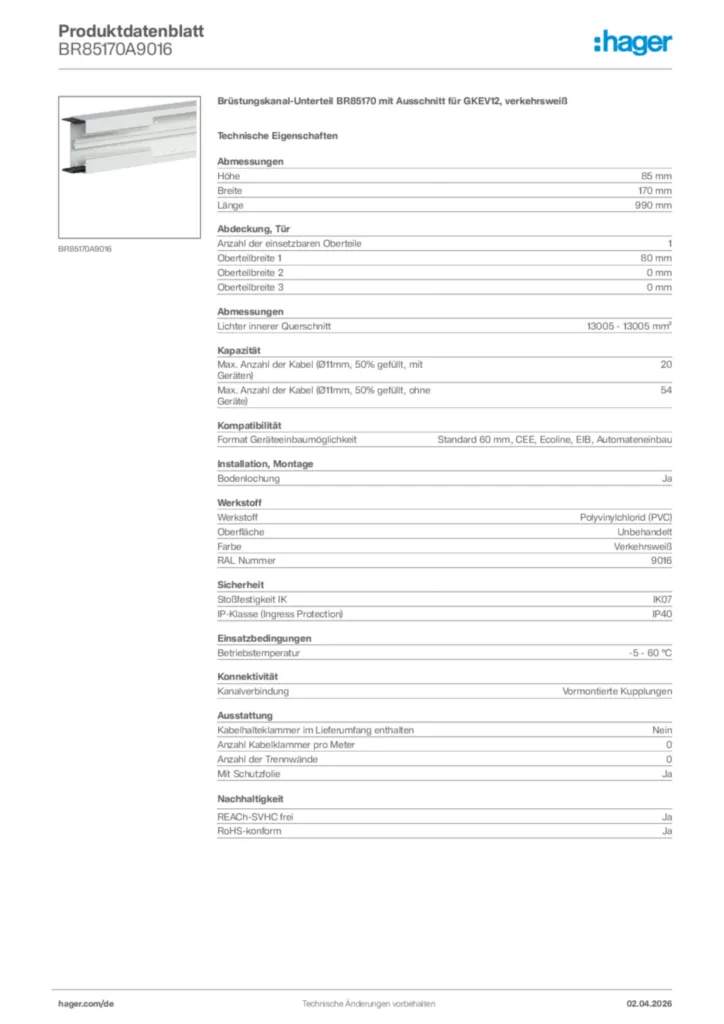 Bild Hager Produktdatenblatt BR85170A9016 | Hager Deutschland
