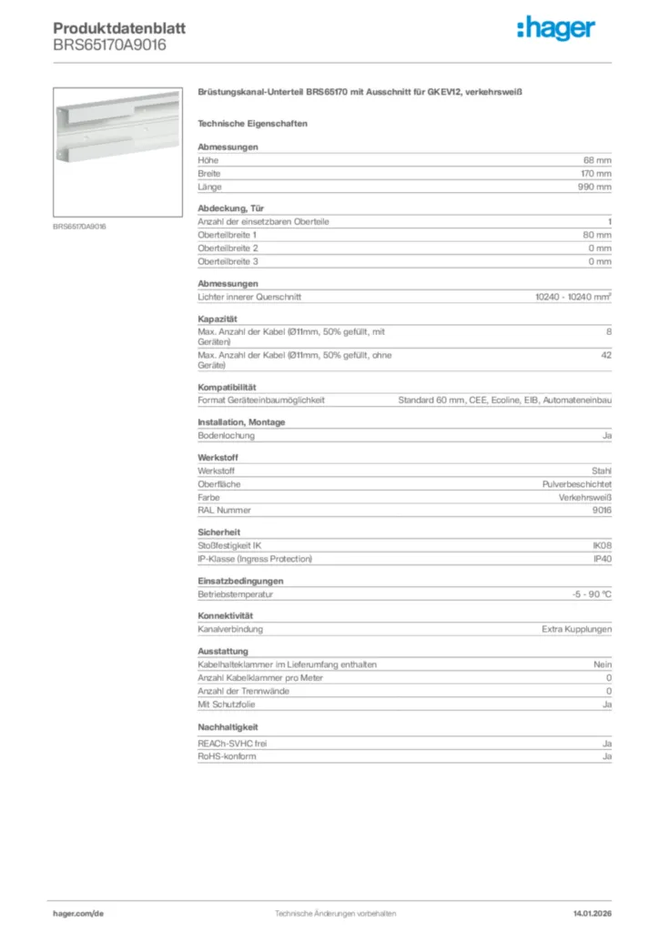 Bild Hager Produktdatenblatt BRS65170A9016 | Hager Deutschland
