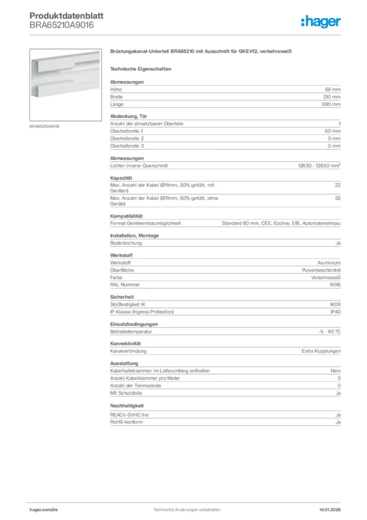 Bild Hager Produktdatenblatt BRA65210A9016 | Hager Deutschland