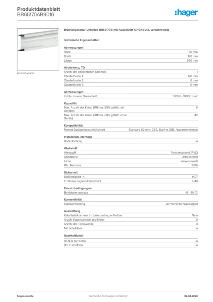 Bild Hager Produktdatenblatt BR65170AB9016 | Hager Deutschland