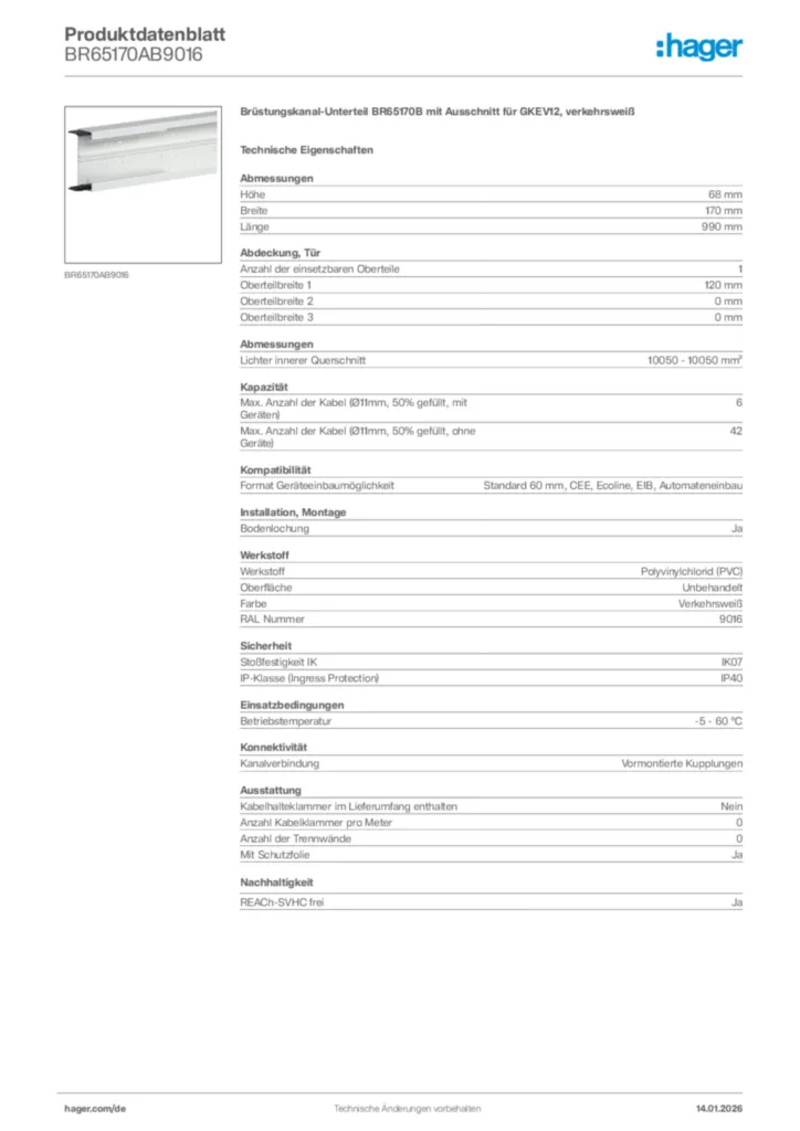 Bild Hager Produktdatenblatt BR65170AB9016 | Hager Deutschland