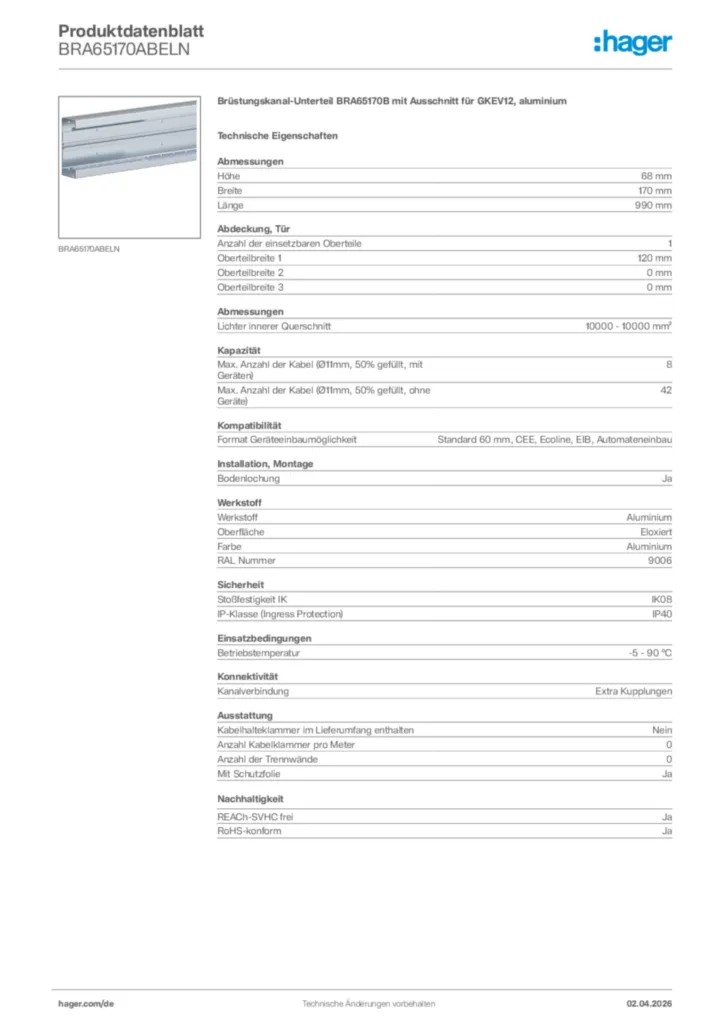Bild Hager Produktdatenblatt BRA65170ABELN | Hager Deutschland