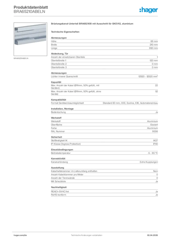 Bild Hager Produktdatenblatt BRA65210ABELN | Hager Deutschland