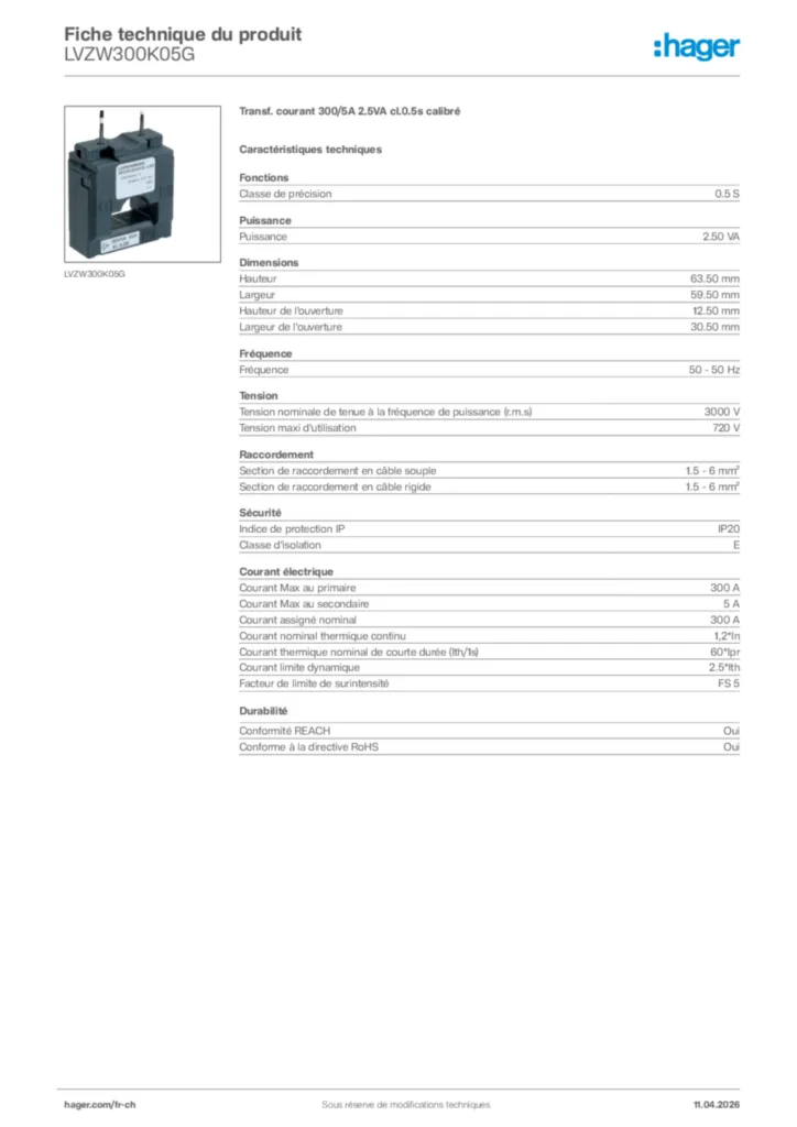 Image Hager Fiche technique du produit LVZW300K05G | Hager Suisse