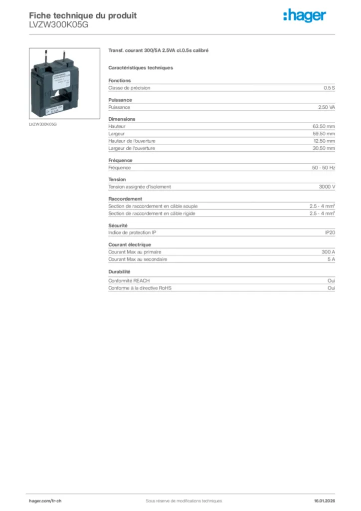 Image Hager Fiche technique du produit LVZW300K05G | Hager Suisse