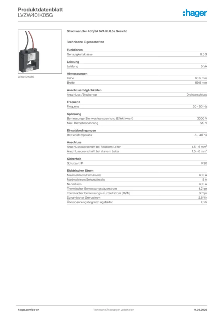 Bild Hager Produktdatenblatt LVZW401K05G | Hager Schweiz