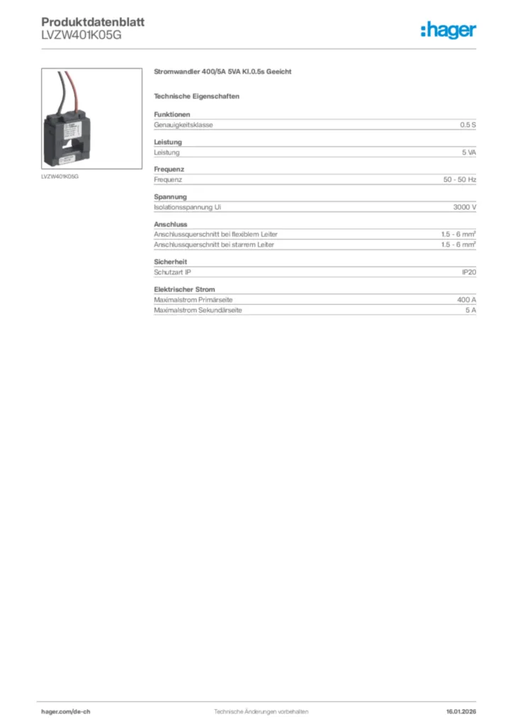 Bild Hager Produktdatenblatt LVZW401K05G | Hager Schweiz