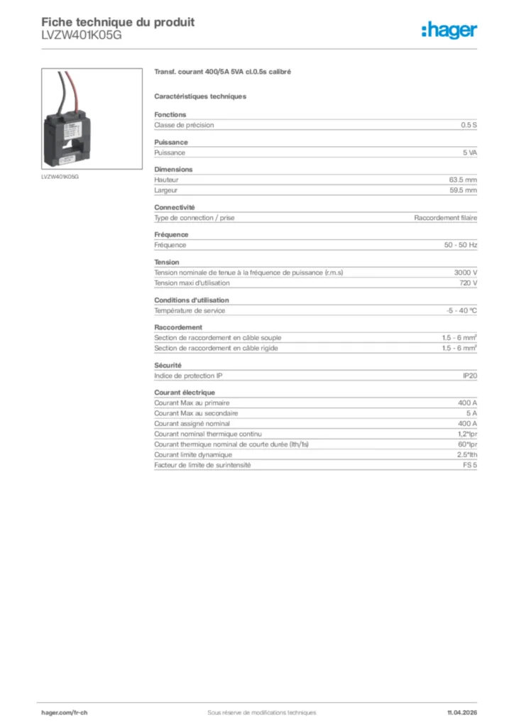 Image Hager Fiche technique du produit LVZW401K05G | Hager Suisse
