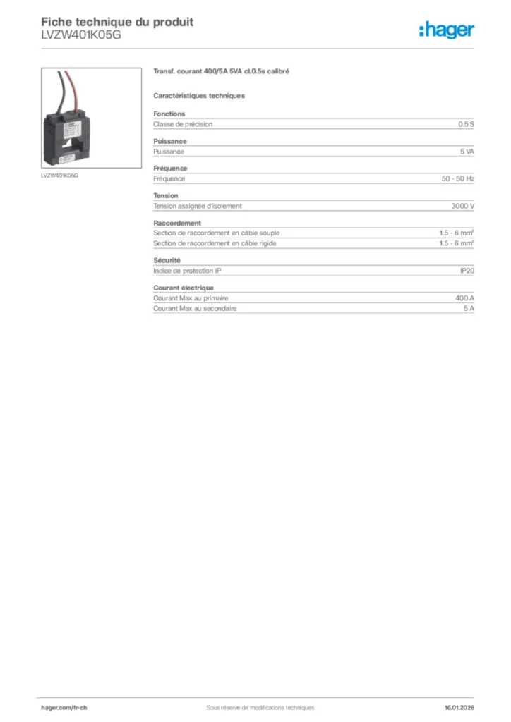 Image Hager Fiche technique du produit LVZW401K05G | Hager Suisse
