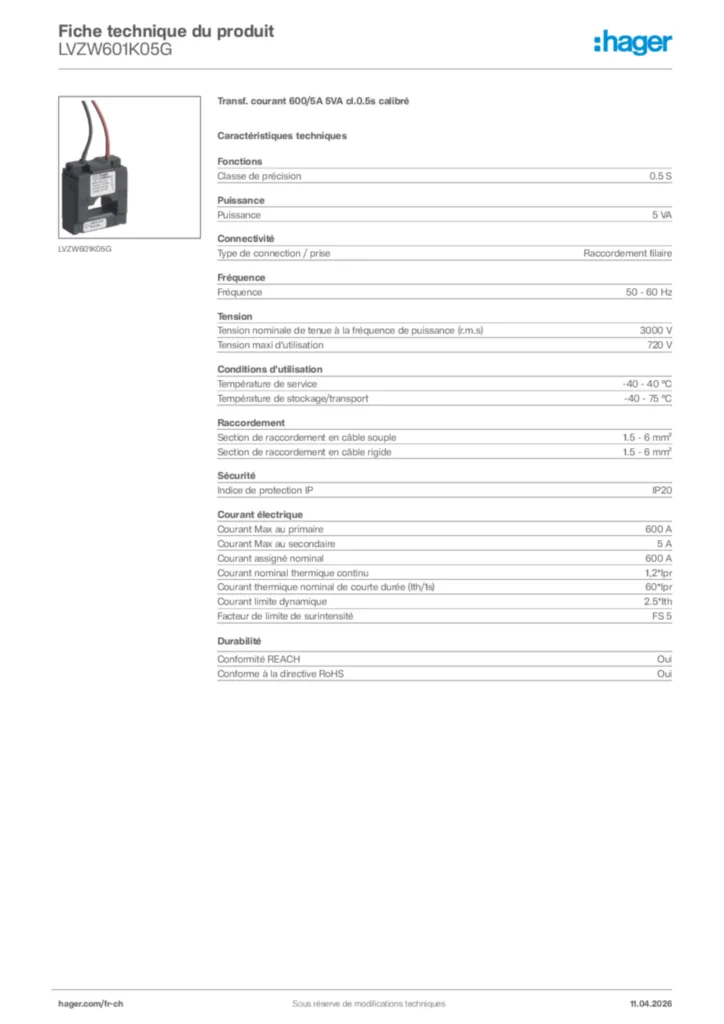 Image Hager Fiche technique du produit LVZW601K05G | Hager Suisse