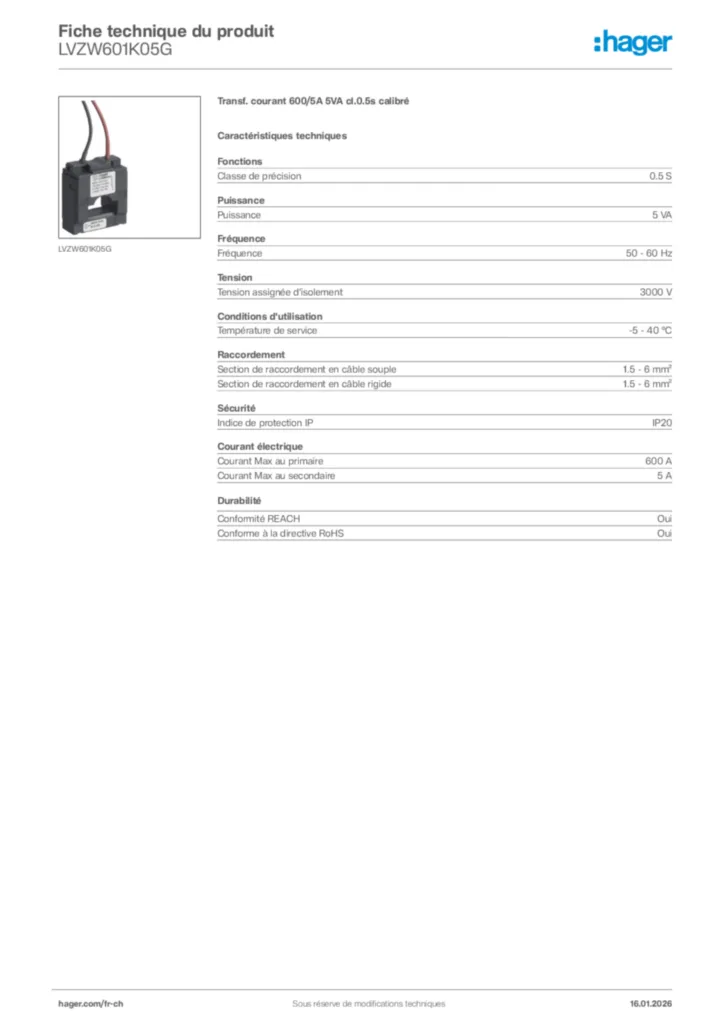 Image Hager Fiche technique du produit LVZW601K05G | Hager Suisse