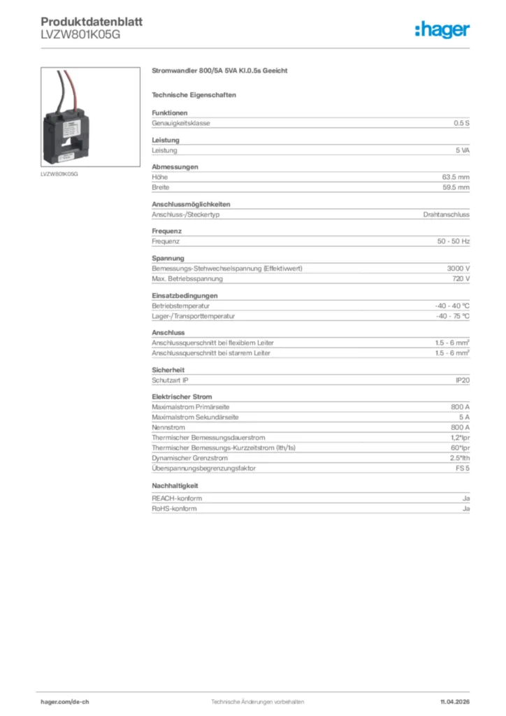 Bild Hager Produktdatenblatt LVZW801K05G | Hager Schweiz