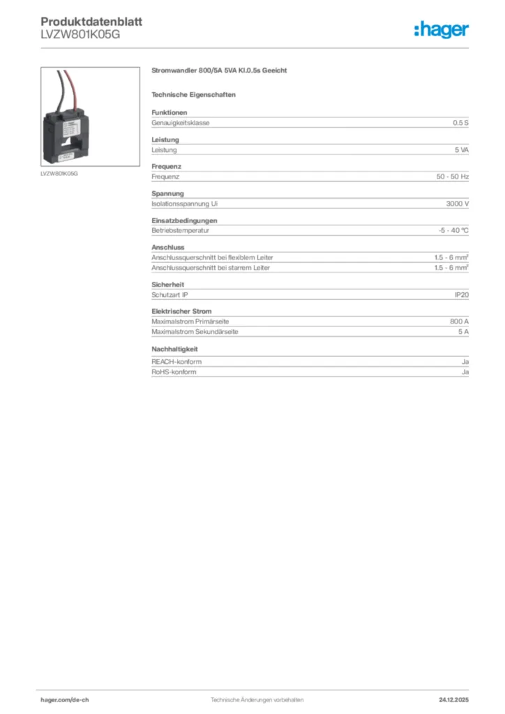 Bild Hager Produktdatenblatt LVZW801K05G | Hager Schweiz