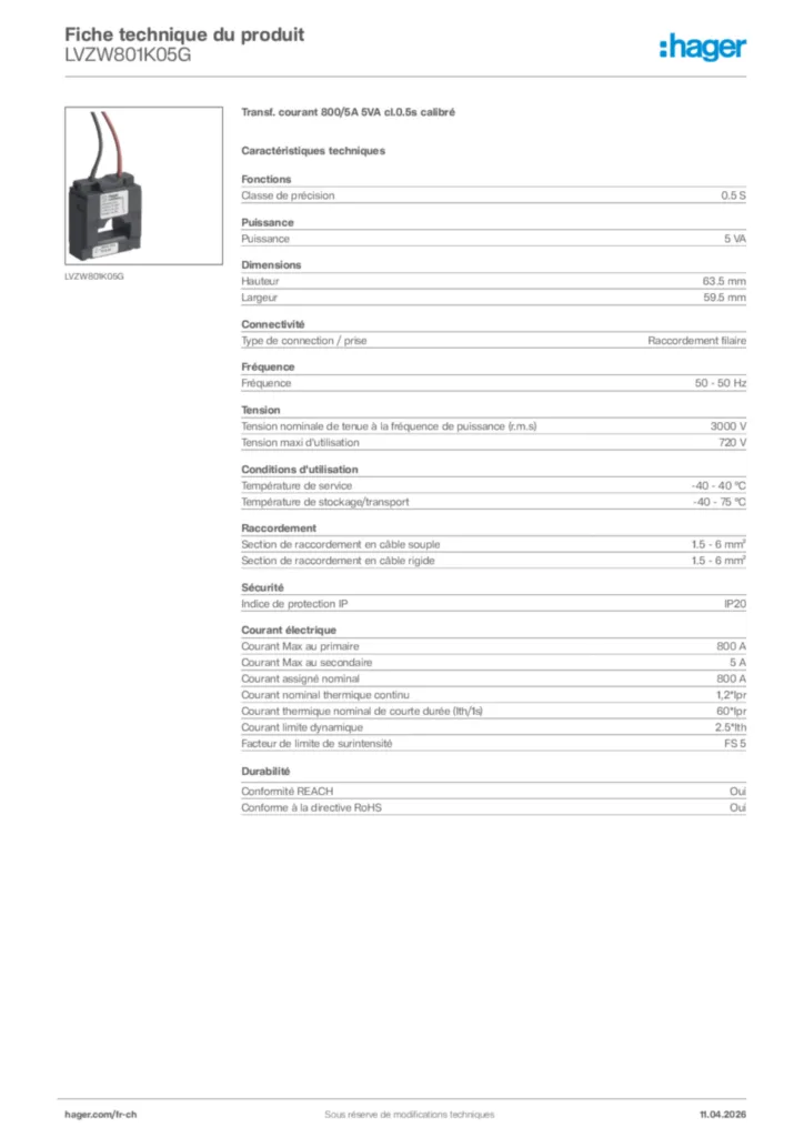 Image Hager Fiche technique du produit LVZW801K05G | Hager Suisse