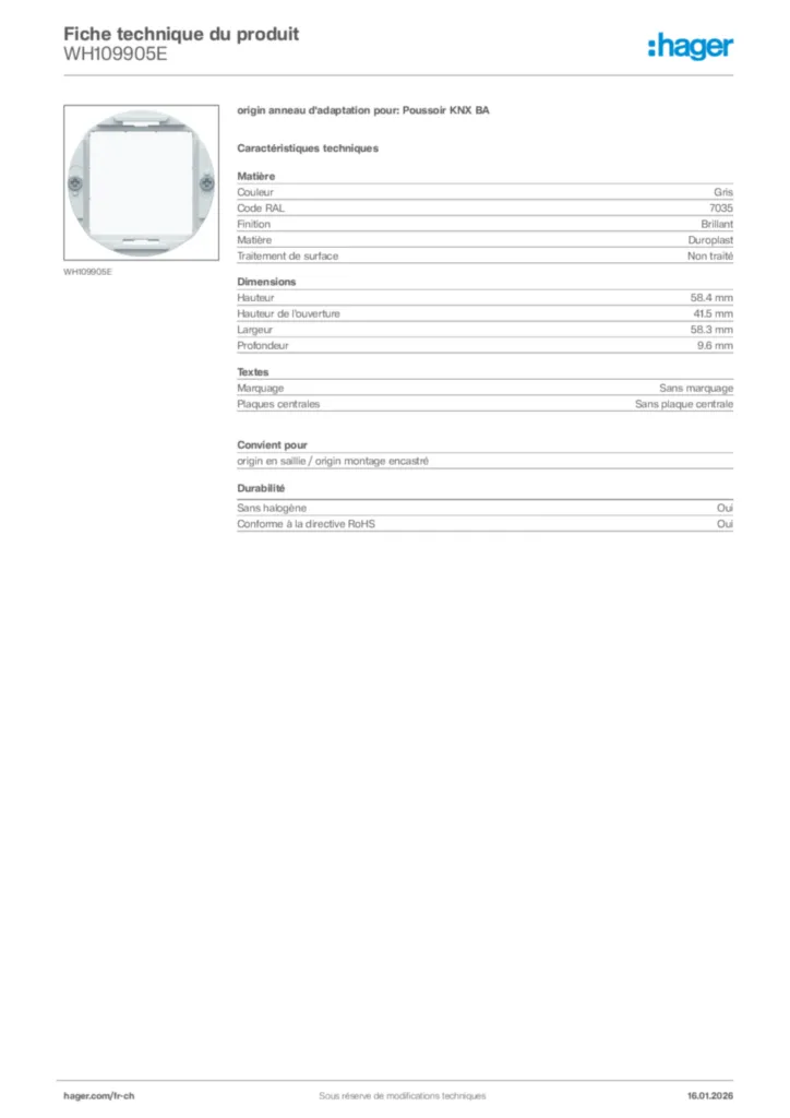 Image Hager Fiche technique du produit WH109905E | Hager Suisse