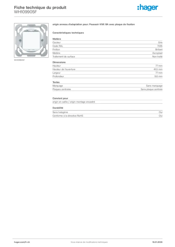 Image Hager Fiche technique du produit WH109905F | Hager Suisse