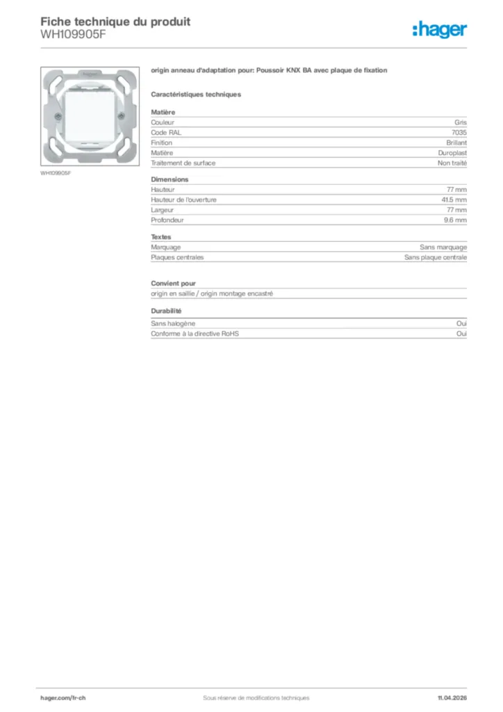 Image Hager Fiche technique du produit WH109905F | Hager Suisse