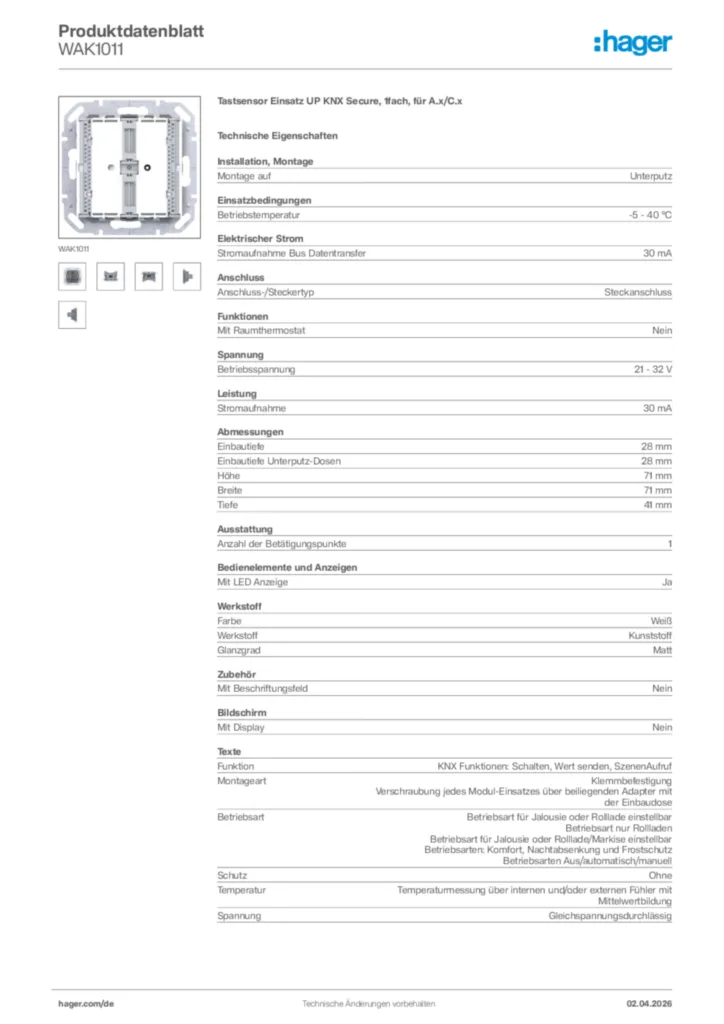 Bild Hager Produktdatenblatt WAK1011 | Hager Deutschland