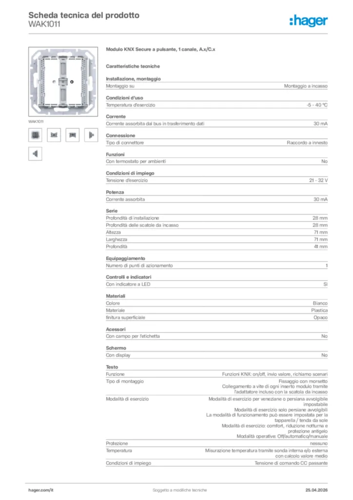 Immagine Hager Scheda tecnica del prodotto WAK1011 | Hager Italia
