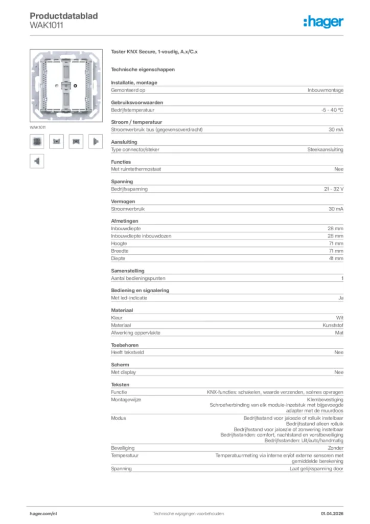 Afbeelding Hager Productdatablad WAK1011 | Hager Nederland