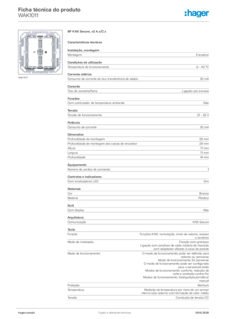 Imagem Hager Ficha técnica do produto WAK1011 | Hager Portugal