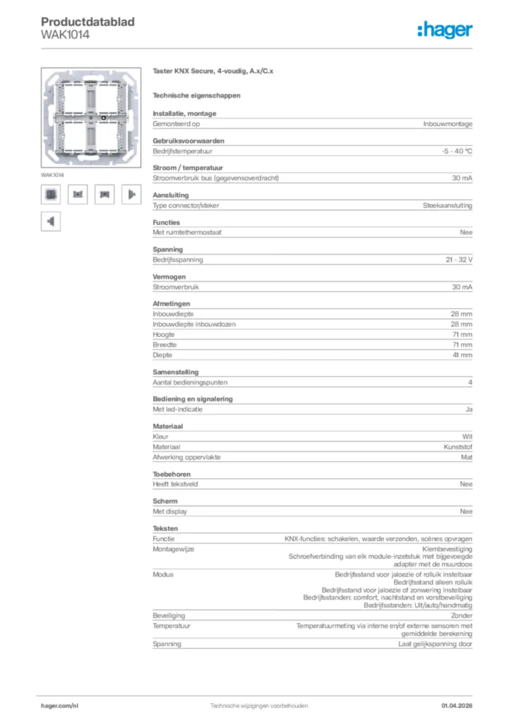 Afbeelding Hager Productdatablad WAK1014 | Hager Nederland