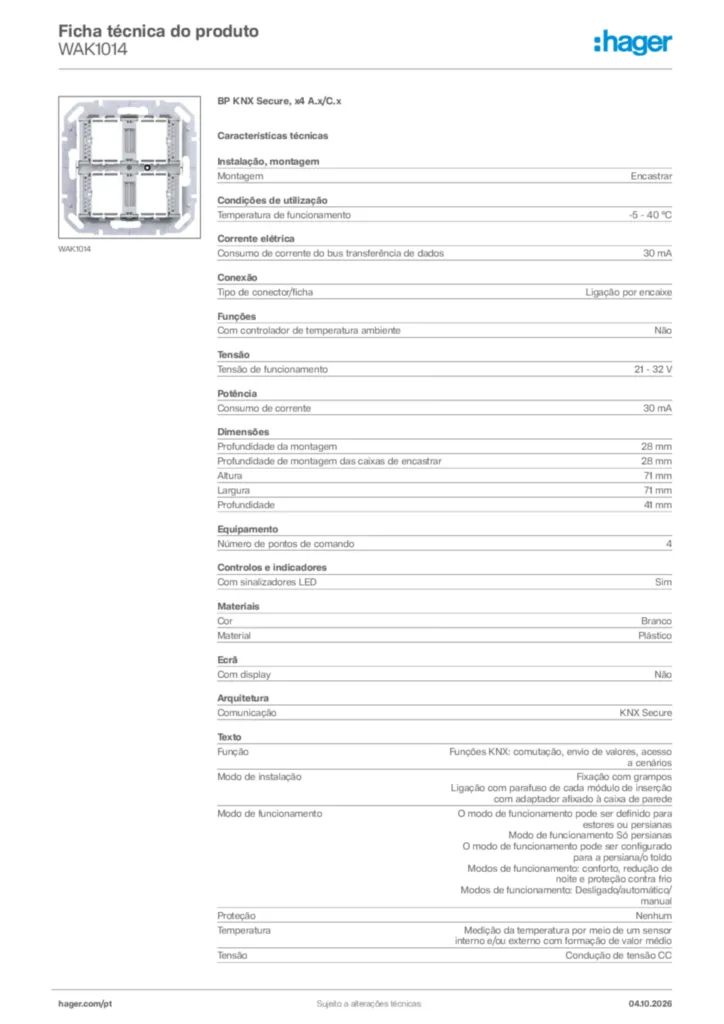 Imagem Hager Ficha técnica do produto WAK1014 | Hager Portugal