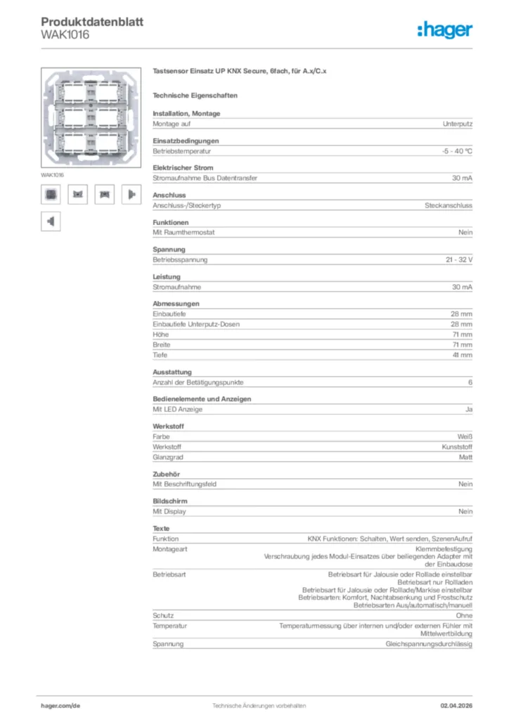 Bild Hager Produktdatenblatt WAK1016 | Hager Deutschland