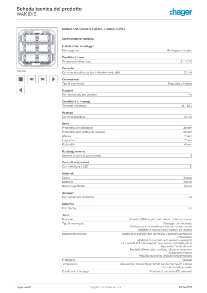 Immagine Hager Scheda tecnica del prodotto WAK1016 | Hager Italia